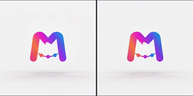 First and last frame of a 3D orbit render of the MorphLogo M, side by side; 0.2% of pixels differ