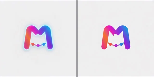 First frame of a hologram render with a cyan glow around the M logo, and the last frame without it