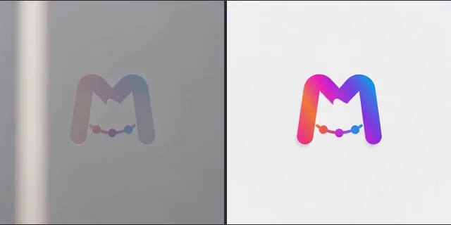 First frame of a cinematic render, dark grey with a dim M logo and a bar of light, and the last frame, bright white with the logo in full color